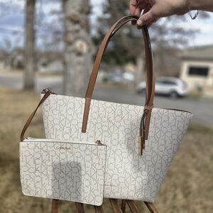 Calvin Klein Cream Monogram Tote with Brown Straps